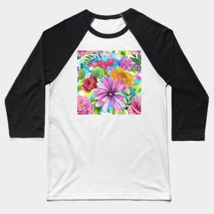 Tropical flowers watercolor print. Hibiscus, Peony, Star Magnolia, Chrysanthemum flowers. Colorful summer jungle Baseball T-Shirt